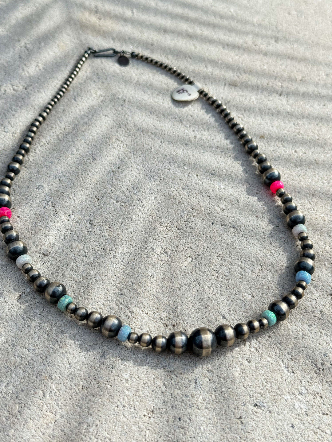 18” 4mm Graduated Navajo Machine Made Pearls and Fire Pink Lab Opal Handstrung Closed Clasp East Coast Carry