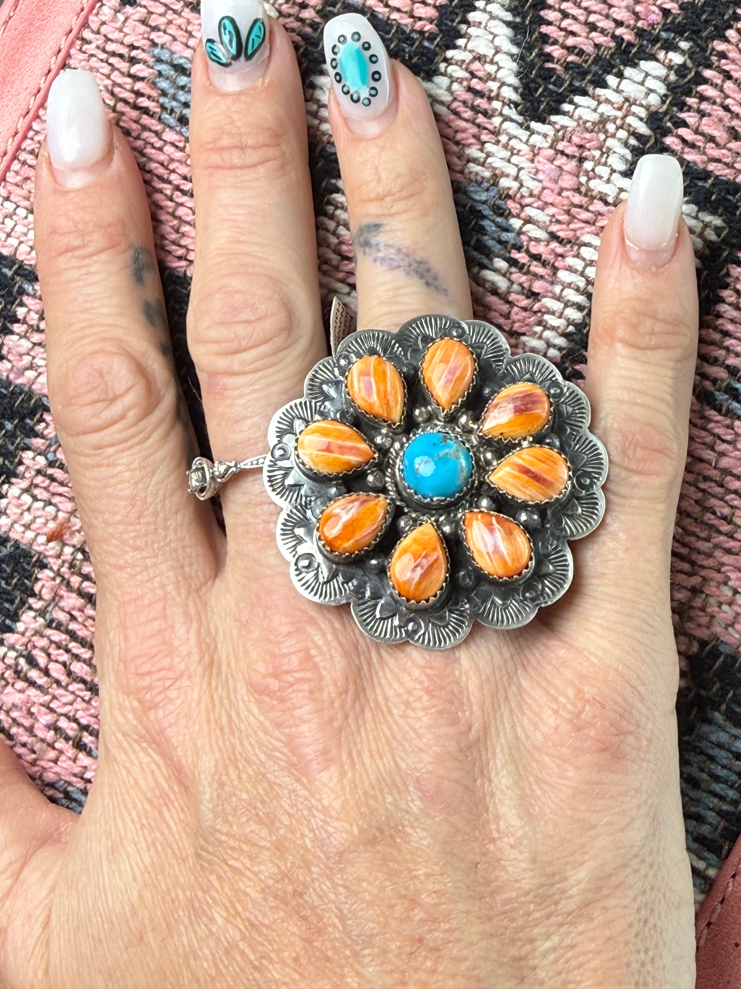 Navajo Spiny Oyster & Kingman Turquoise Cluster Ring – Sterling