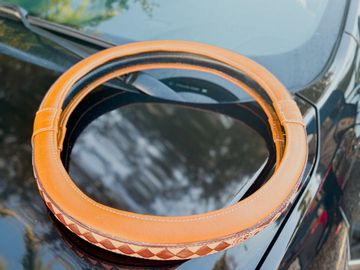 Western Tooled Leather Truck Steering Wheel Cover – 16″ Full-Grain (Tan or Black, Diamond Check)