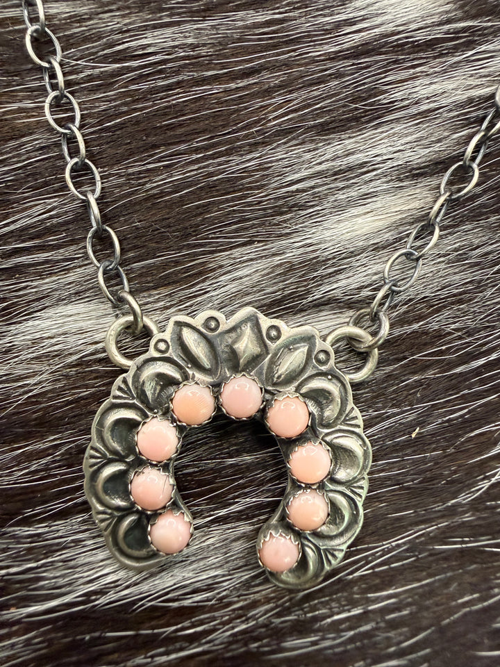 Handmade Navajo sterling silver naja necklace with pink conch stones signed by Native American artist R Livingston