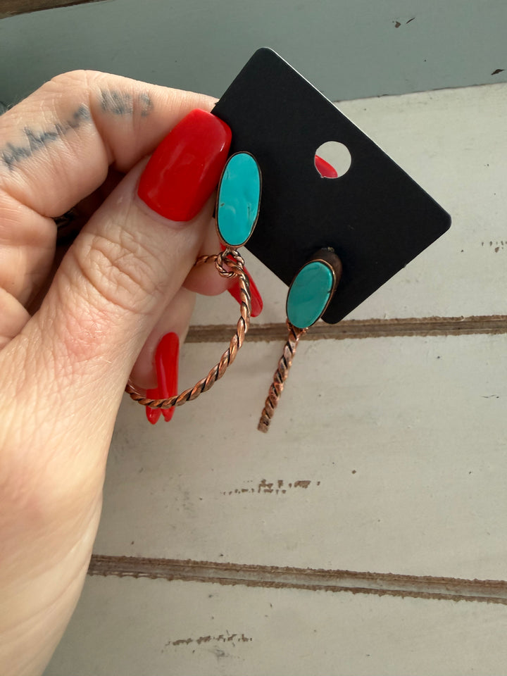 Turquoise Mojave & Copper Southwestern Hoop Dangle Earrings