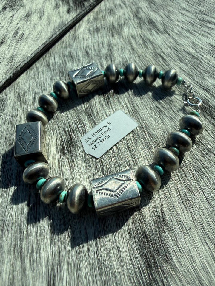 Authentic Handmade Navajo Pearl Bracelet – Sterling Silver and Mine 8 Turquoise - Kaylin Nakai - 7”