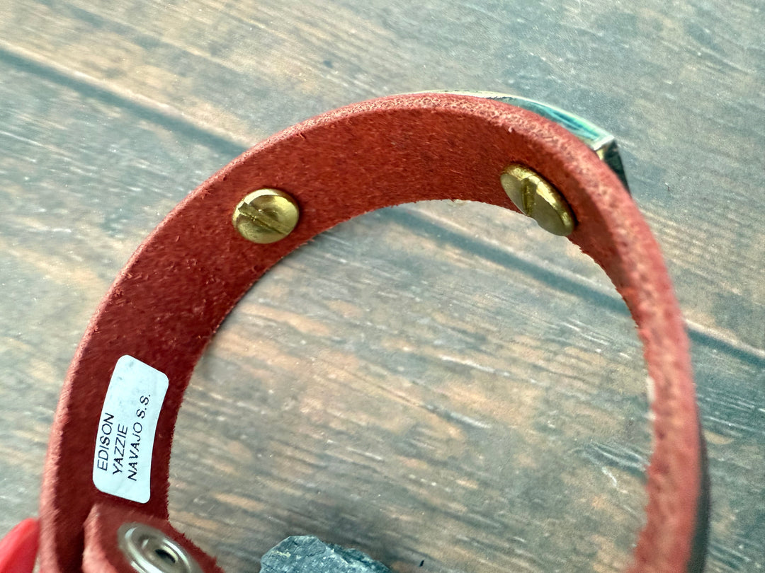 Navajo Turquoise Inlay Leather Cuff Bracelet – Handmade Sterling & Leather – Adjustable Snap Fit – Edison Yazzie