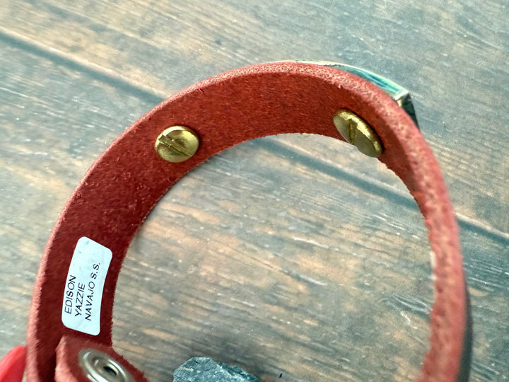 Navajo Turquoise Inlay Leather Cuff Bracelet – Handmade Sterling & Leather – Adjustable Snap Fit – Edison Yazzie