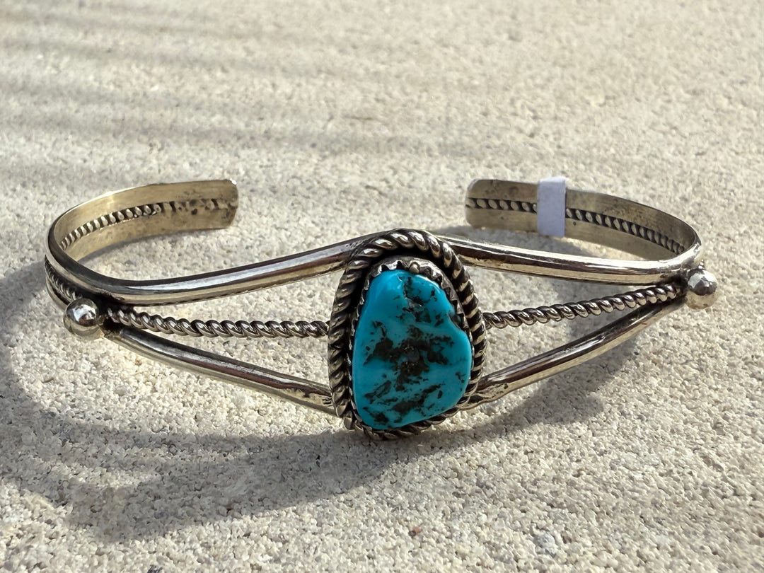 Navajo Handmade Sterling Silver and Turquoise Cuff 6.5” (with flex)