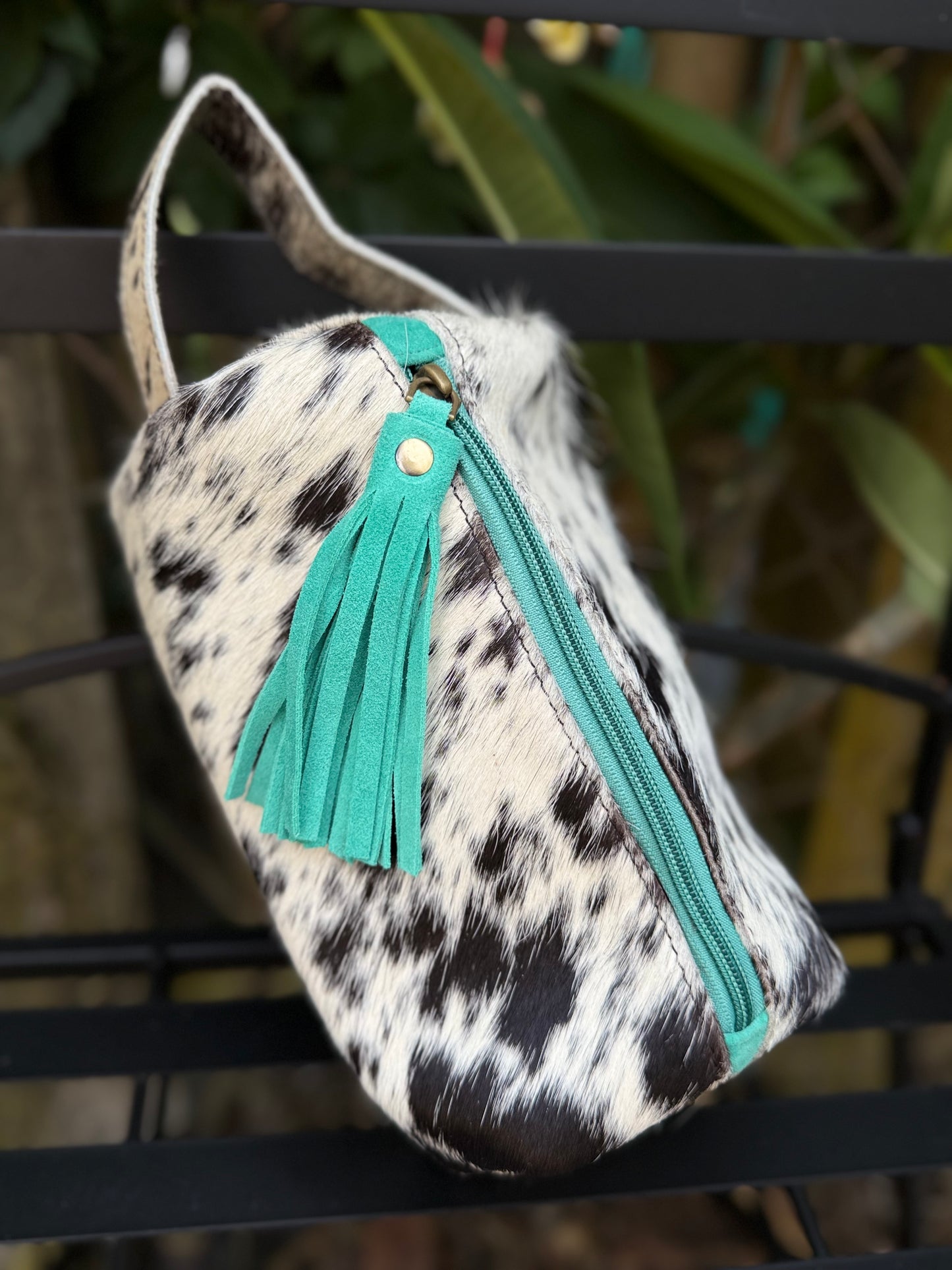 Black/White Cowhide & Leather Travel Cosmetic Bag | Turquoise Fringe