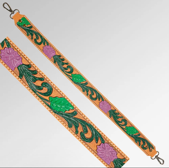 Pink and Green Floral Boho Western Tooled Leather Purse Strap | 27”