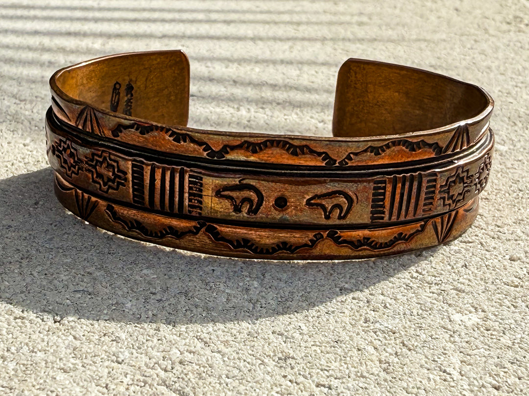 Vintage Navajo Stamped Copper Cuff Bracelet | Bear & Southwestern Motif
