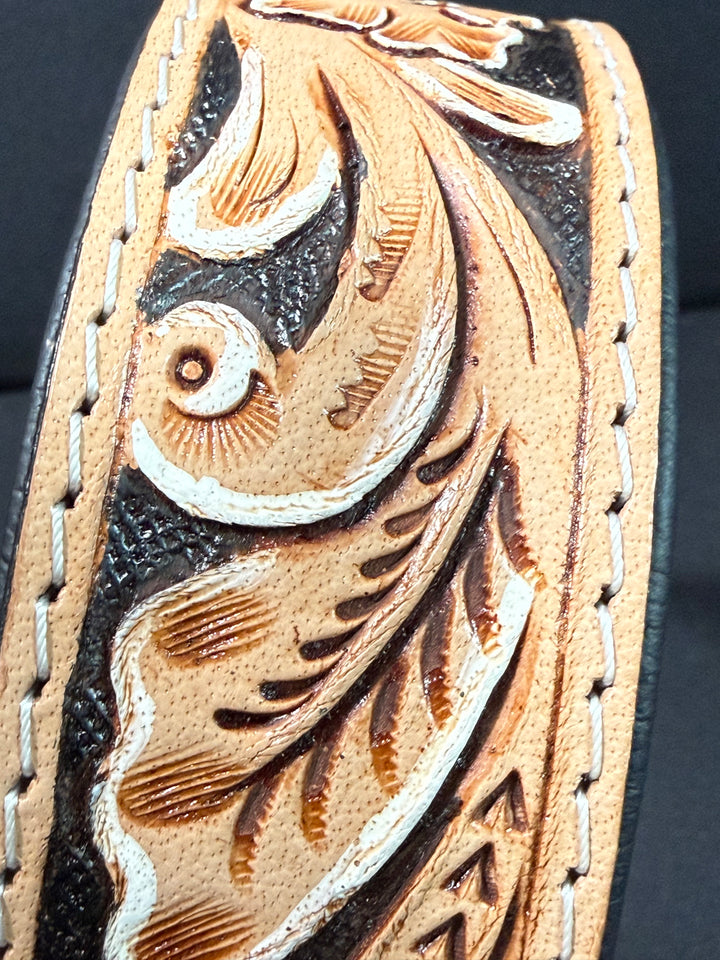 Magnolia Beau | (M/L) Natural Floral Leather Hand Tooled Dog Collar