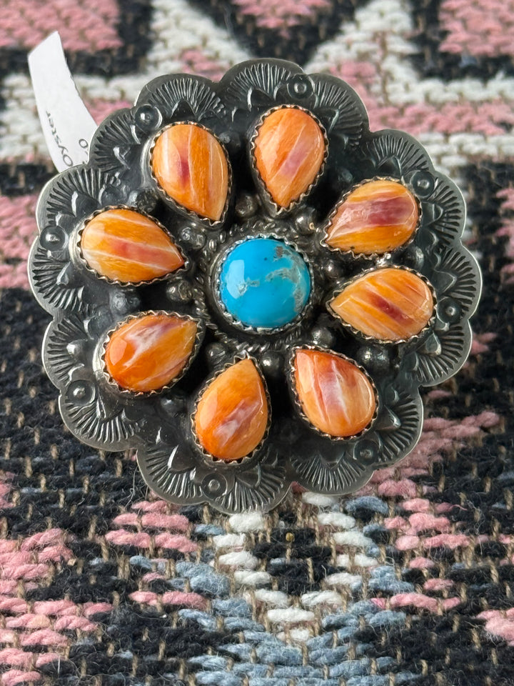 Navajo Spiny Oyster & Kingman Turquoise Cluster Ring – Sterling Silver Adjustable Statement Ring – Signed Kee Johnson