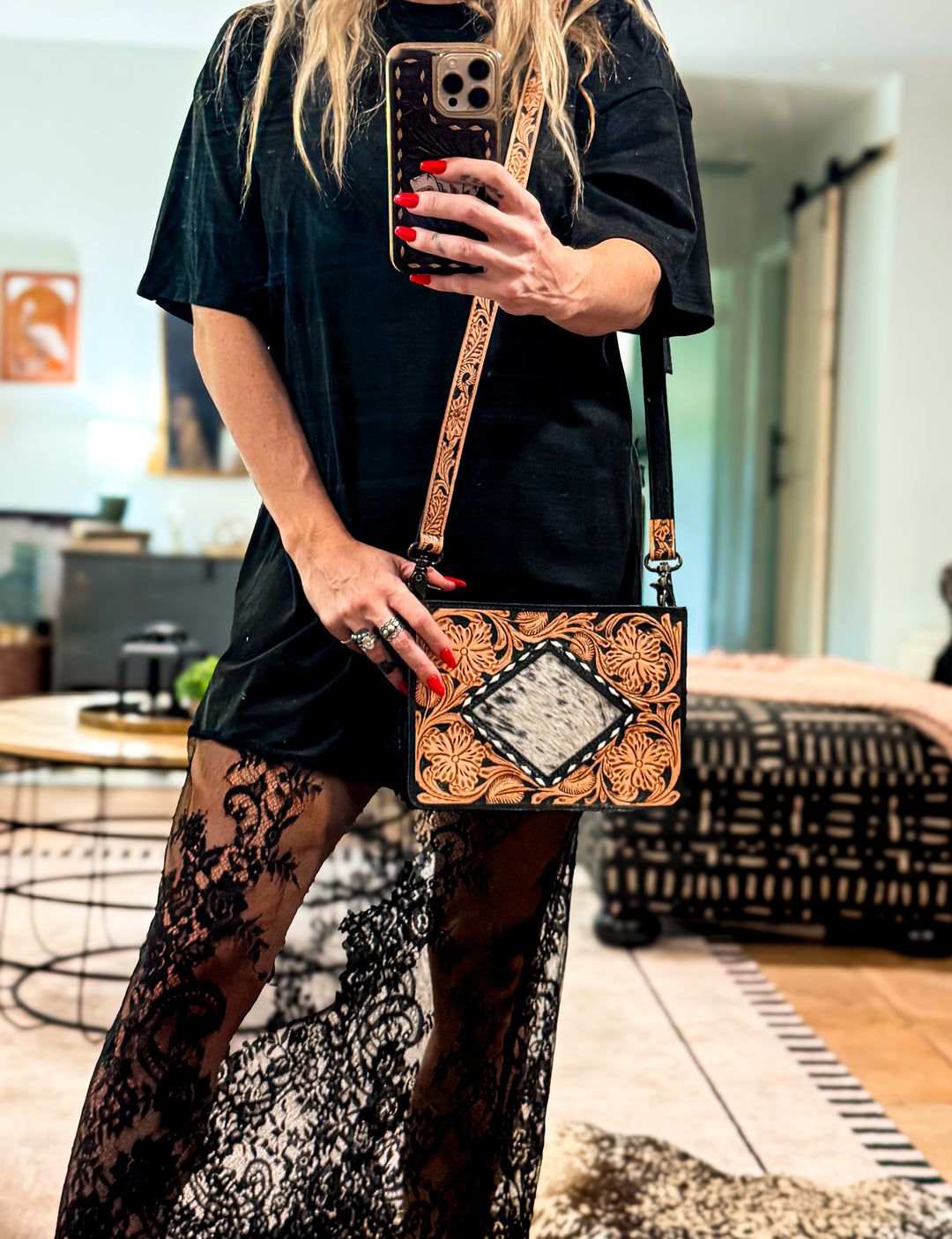 The Crossroads | Hand-Tooled Leather & Cowhide Crossbody