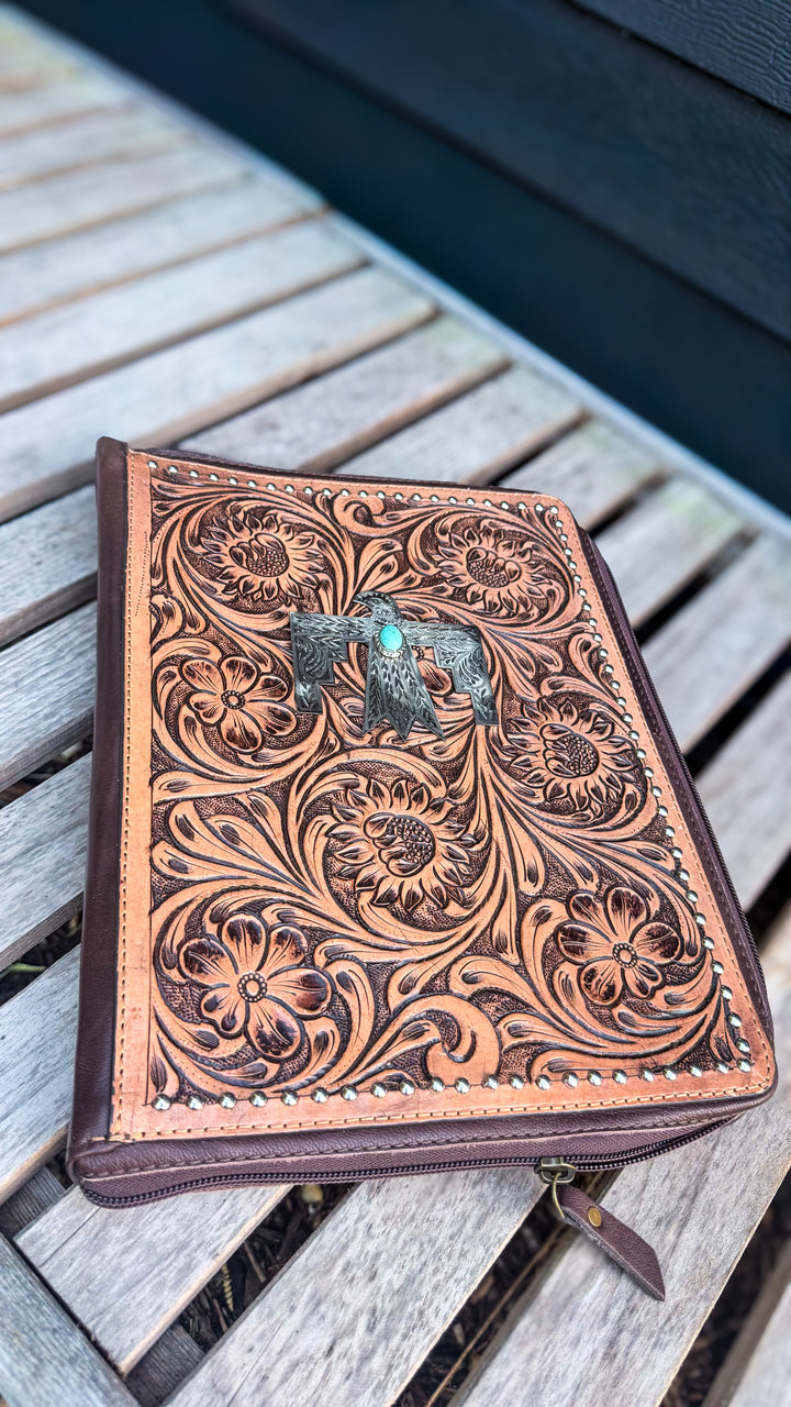 Western Tooled Leather Zipper Padfolio | 1” Ring Binder & Work Organizer