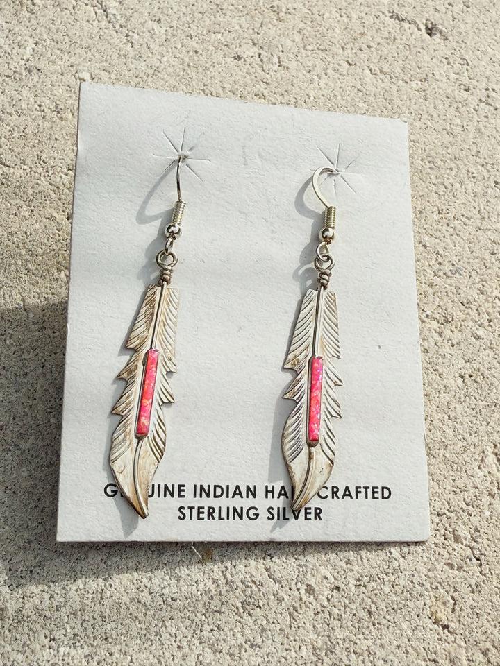 Allen Barey Navajo Handmade Sterling Silver Feather Drop Pink Opal Earrings