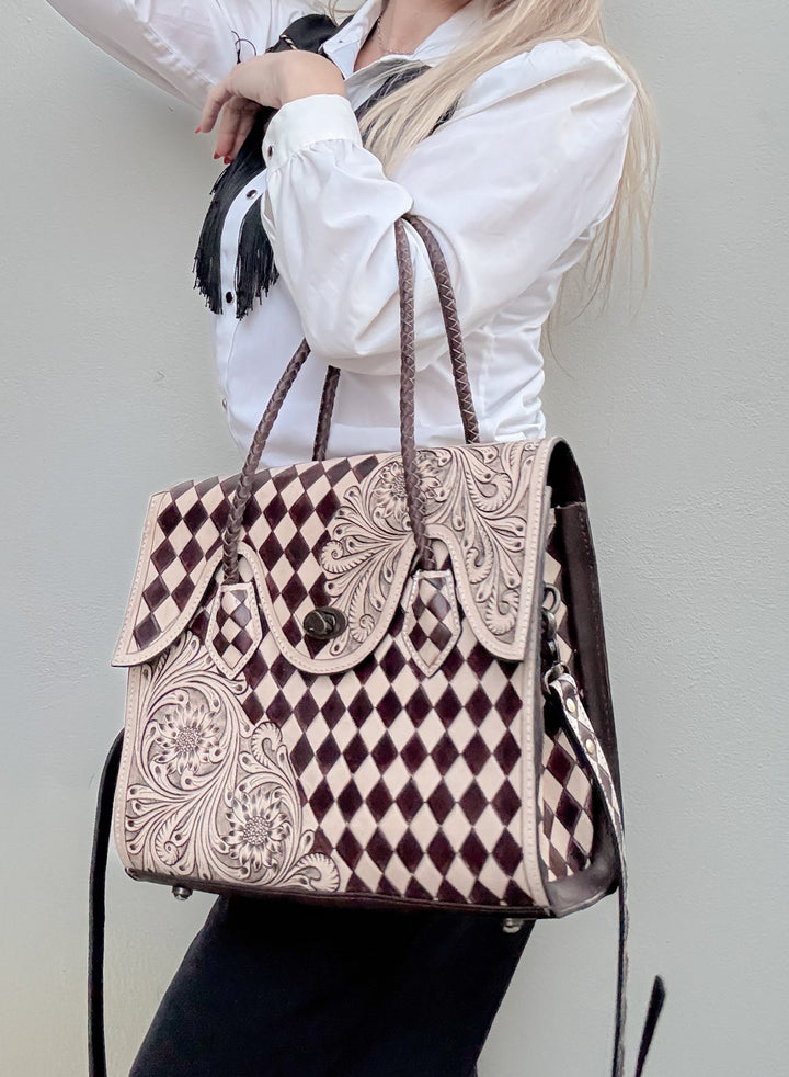 Checkmate No. 9 | Brown & Tan Tooled Leather Tote (Right-Hand Concealed Carry)