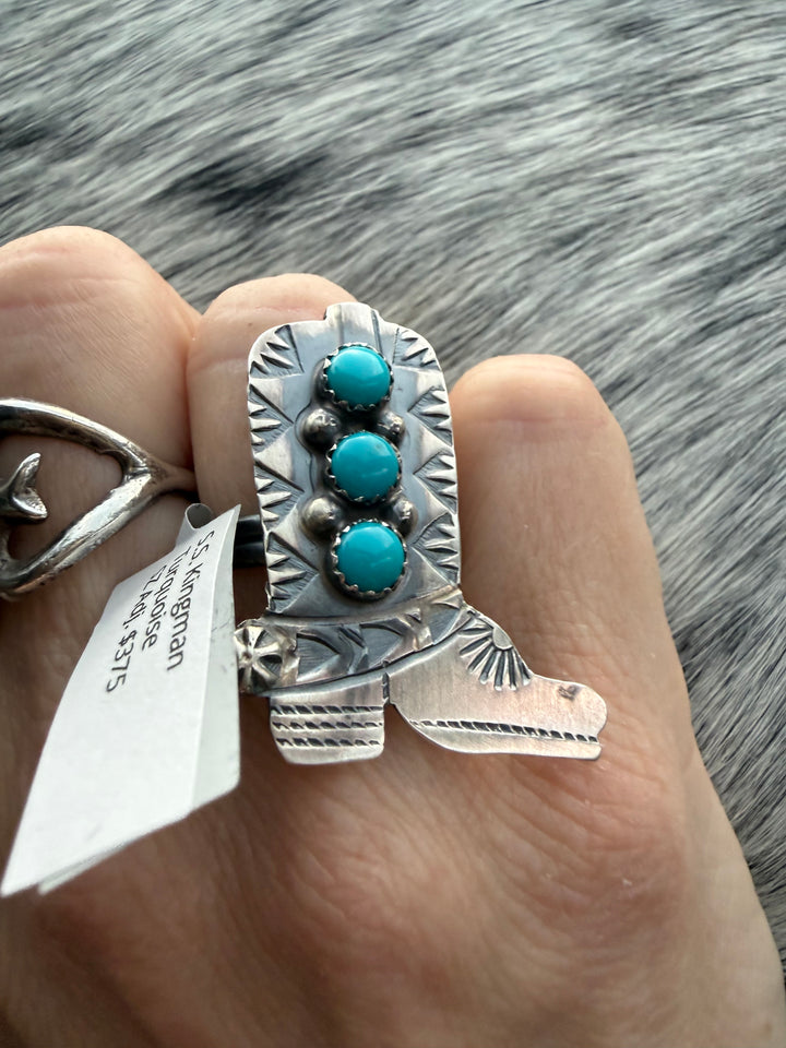Navajo Sterling Silver Cowboy Boot Ring – Kingman Turquoise | Signed Tim Yazzie Adjustable Statement Ring