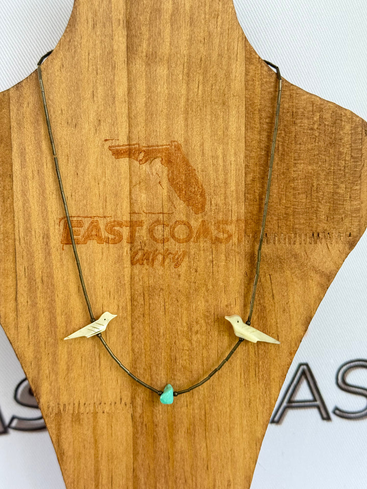 Vintage Liquid Sterling Silver Turquoise and Hand Carved Bird Necklace