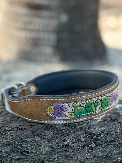 DESERT WANDERER (L) hand tooled painted leather and cowhide dog collar