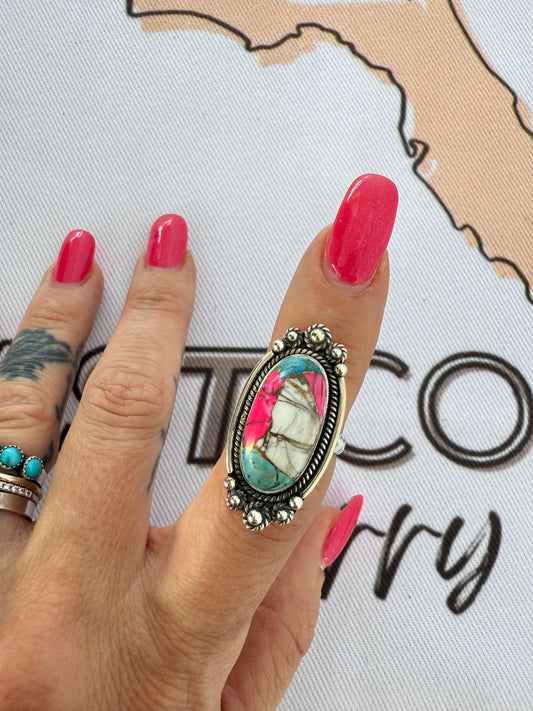 Oval Cotton Candy Turquoise and Sterling Silver Southwestern Artisan Ring - Size 6