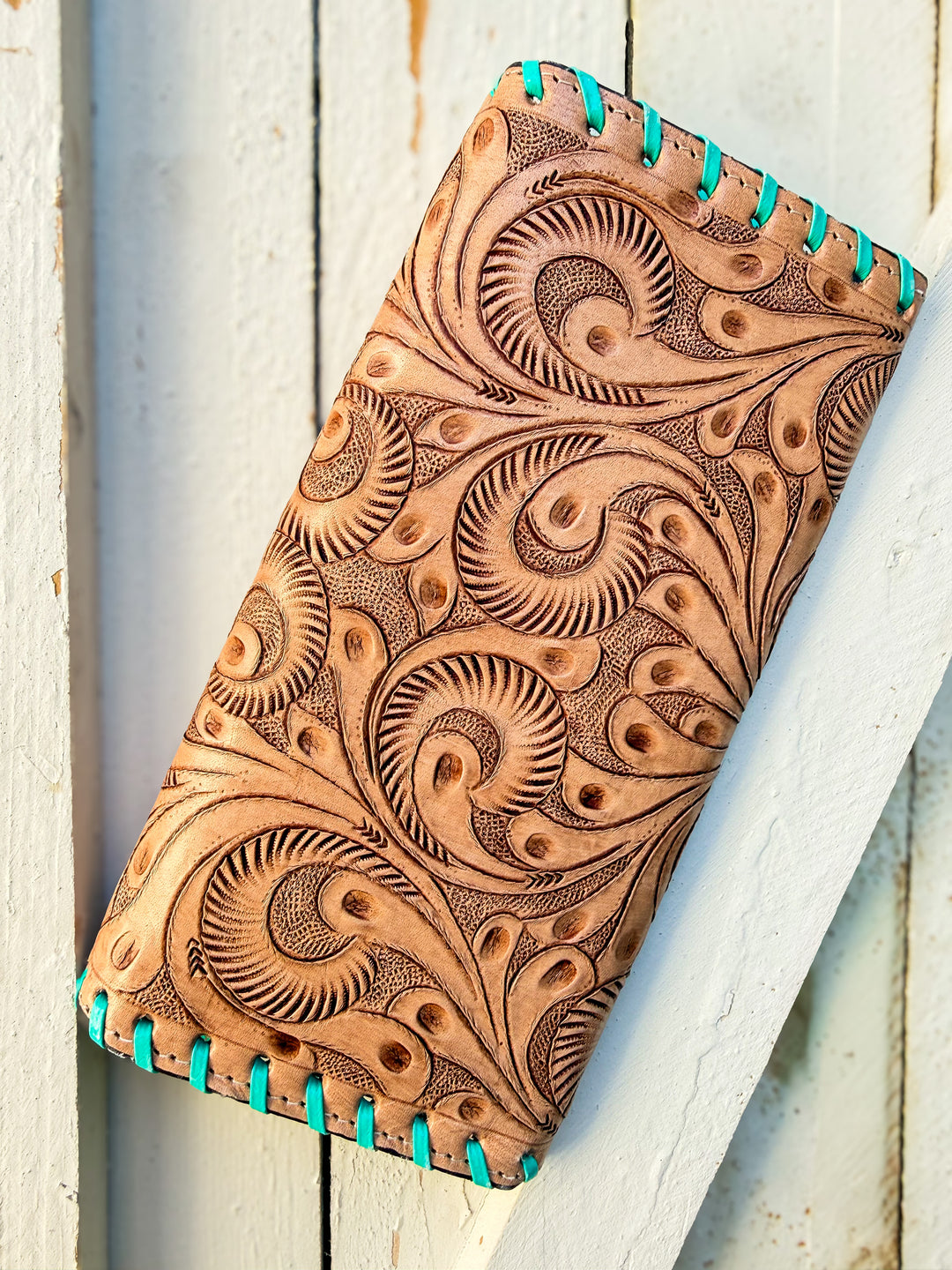 Tooled & Fancy Clutch | Hand Tooled Western Leather Wallet Clutch with Turquoise Whipstitch, Phone-Fit Oversized Wallet