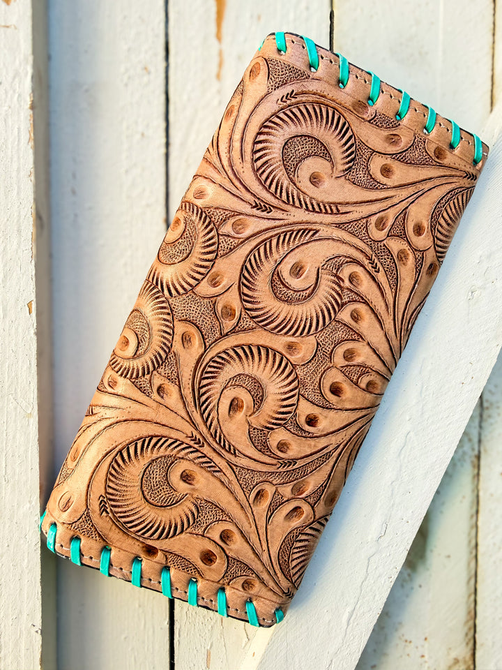 Tooled & Fancy Clutch | Hand Tooled Western Leather Wallet Clutch with Turquoise Whipstitch, Phone-Fit Oversized Wallet
