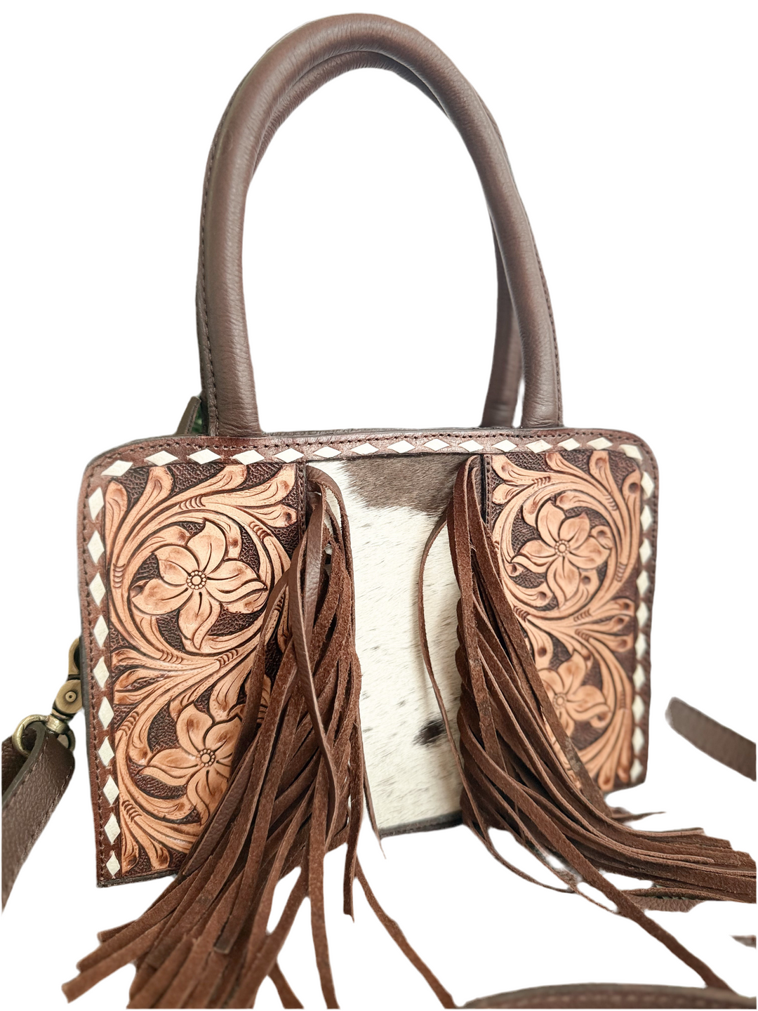 Little Wildflower | Hand Tooled Leather Cowhide and Fringe Mini Western Purse with Handles and Detachable Crossbody Strap
