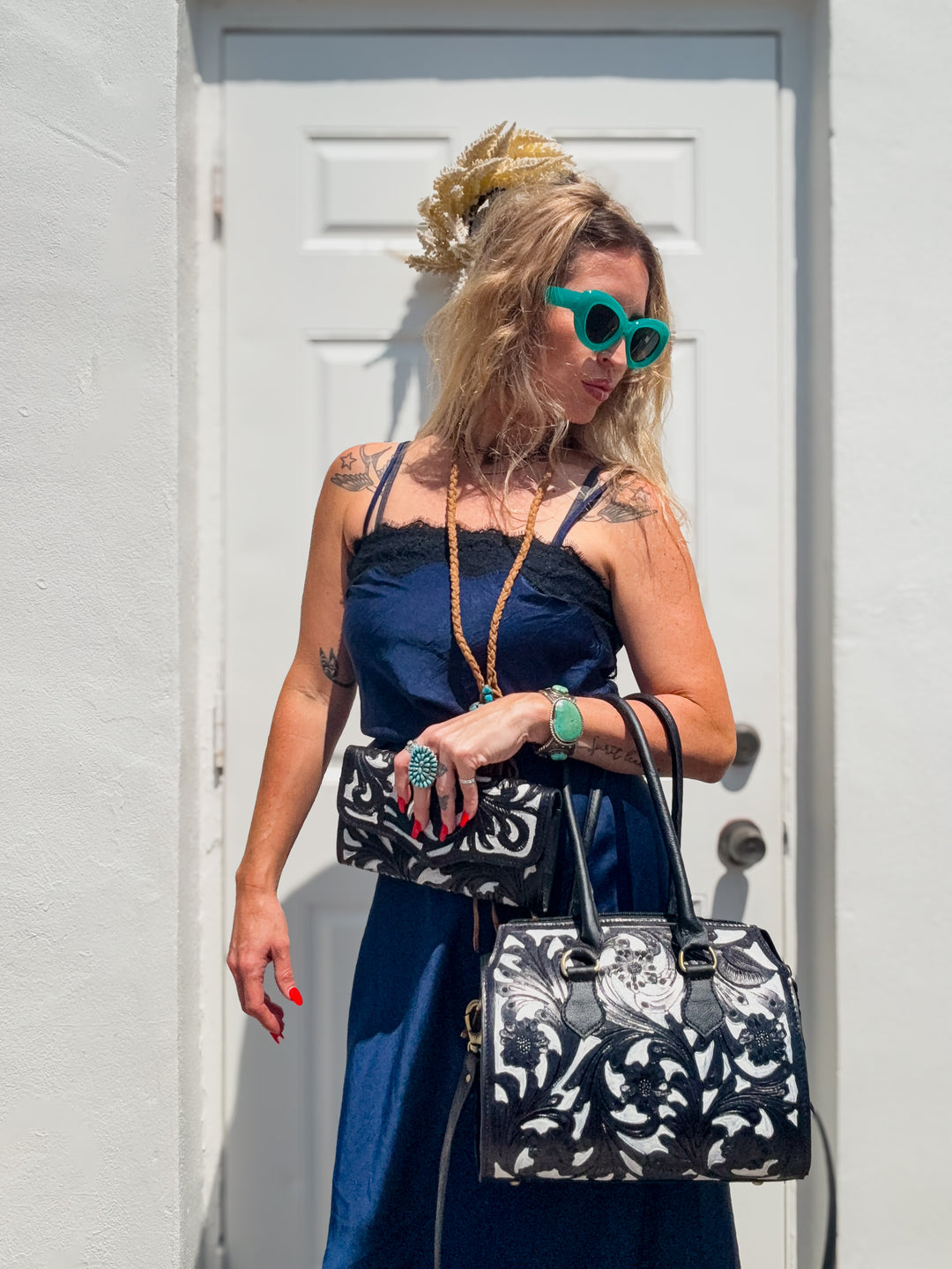 Black Ties & Blue Collars | Structured Tooled Leather Bag + Matching Clutch Set