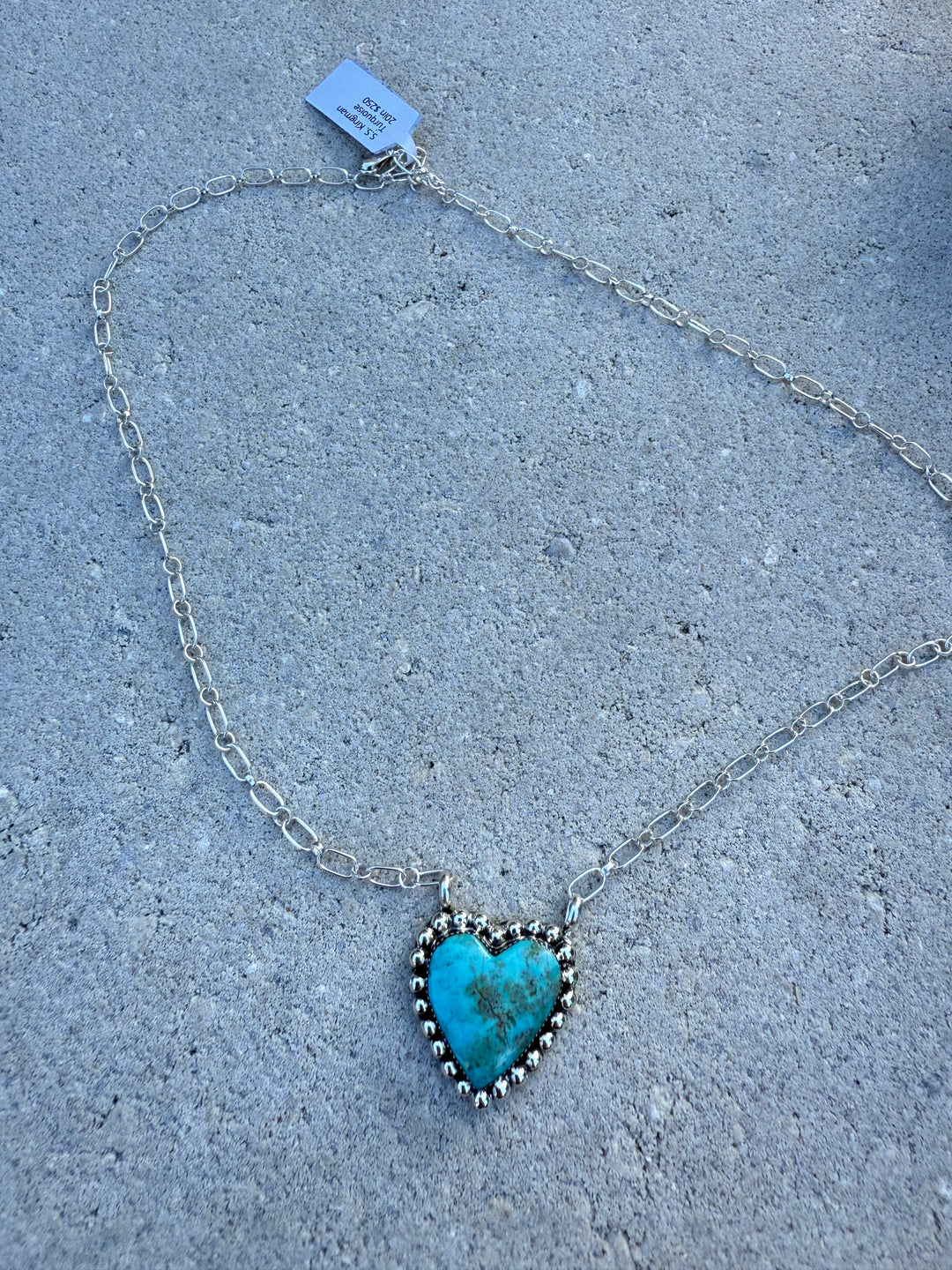 Navajo Handmade Kingman Heart Turquoise Sterling Silver Necklace Signed