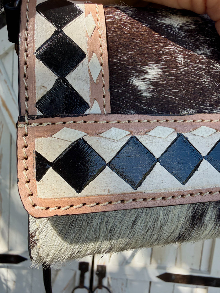 Speed Check Diamond Clutch | Black and White Cowhide Leather Diamond Checkered Convertible Clutch