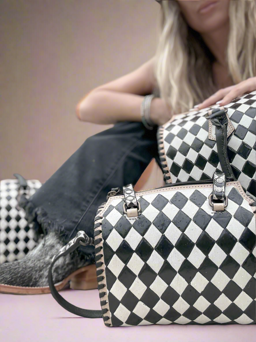 The Speed Check | Handmade Leather Checkered Bowler Bag 3 Sizes Genuine Leather Black White Checkered Tooled Design Structured Satchel