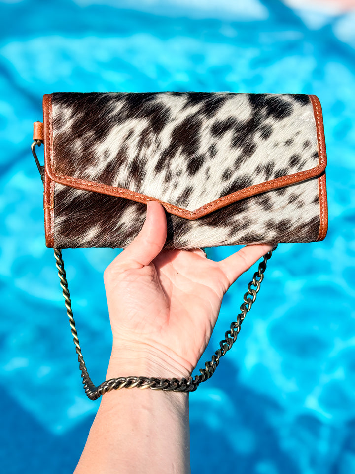 Cowhide Wallet Clutch with Chain Strap