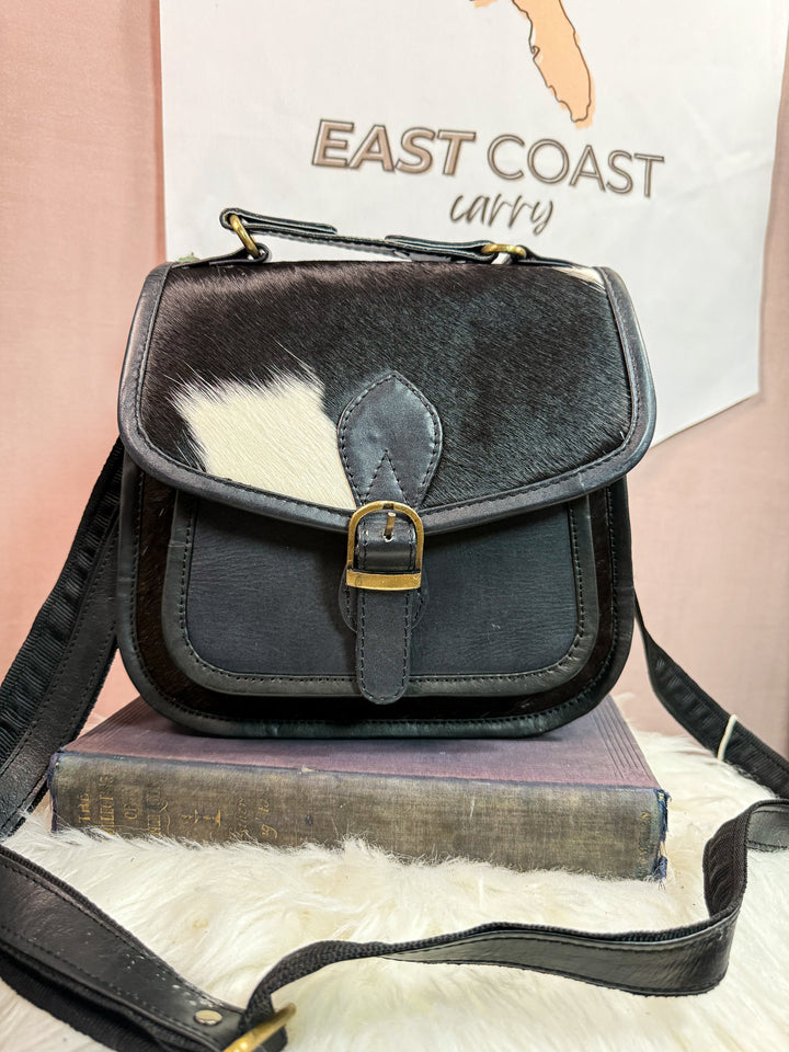 Midnight Rider | Sleek Black Leather & Black/White Cowhide Crossbody