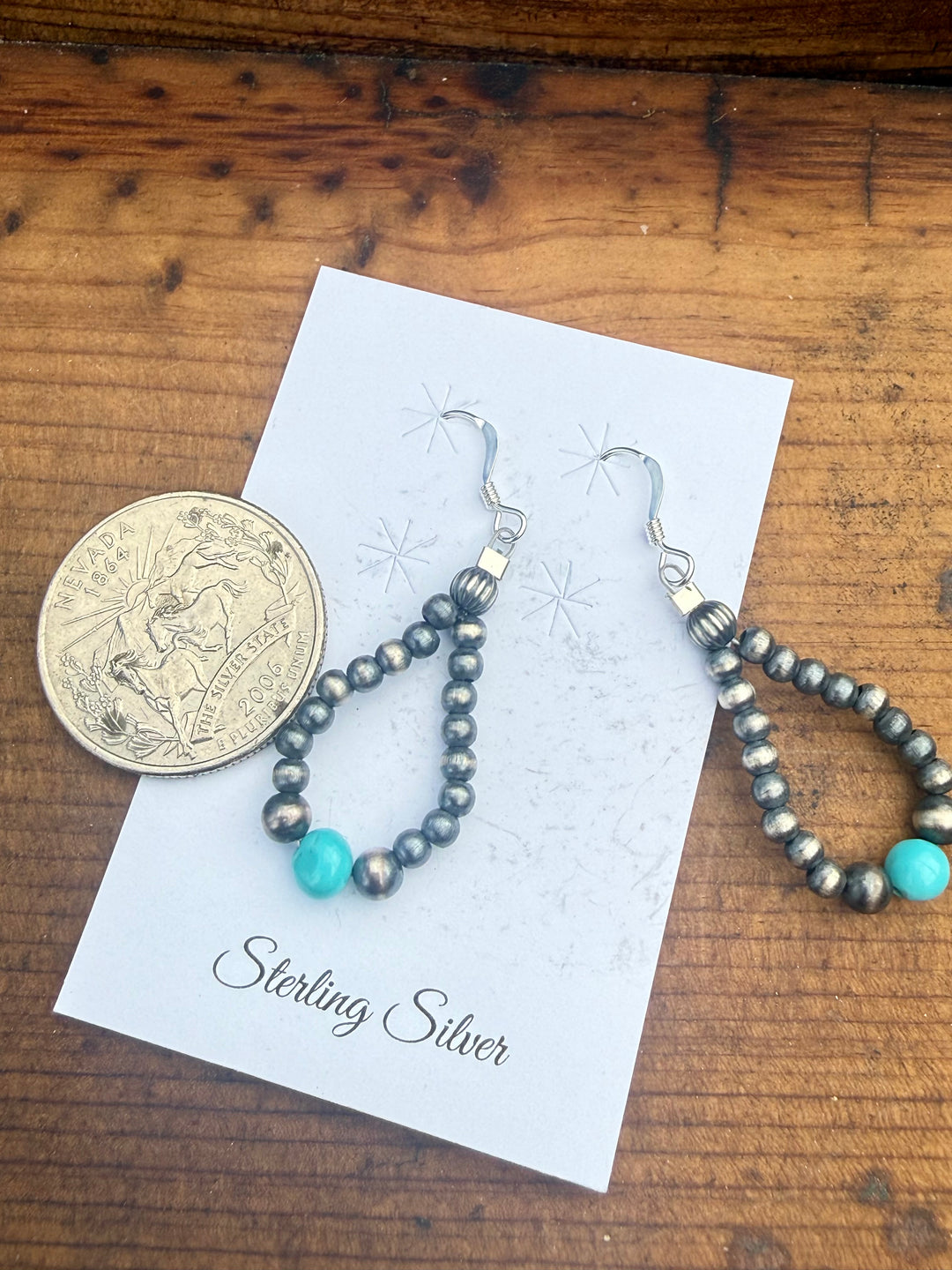 Sterling silver desert pearl teardrop earrings with sleeping beauty turquoise bead accent