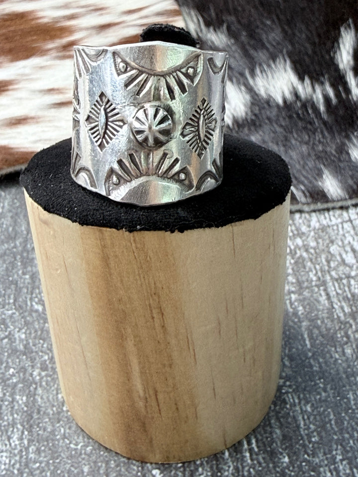 Navajo Handmade Sterling Silver Stamped Cigar Band Ring | Size 7.5 Wide Native American Ring
