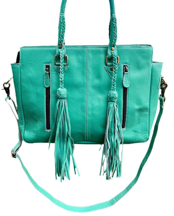 Get to Work Bag | Minty Blue Leather, Tooled Floral & Cowhide Concealed Carry Tote