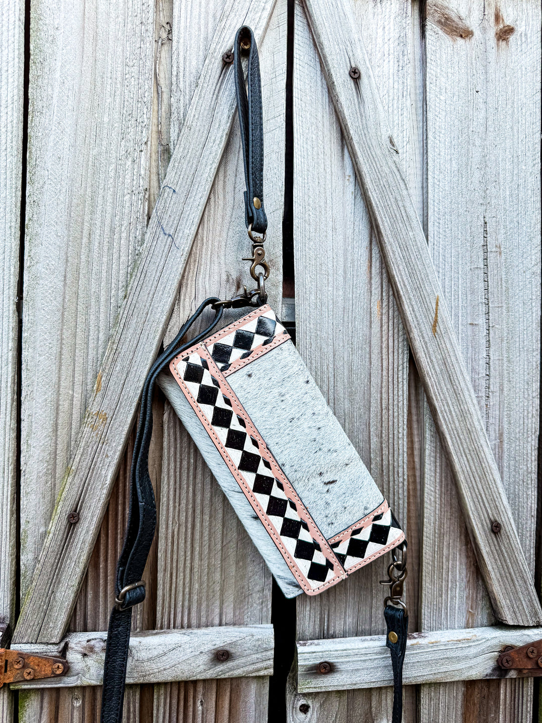 Speed Check Diamond Clutch | Black and White Cowhide Leather Diamond Checkered Convertible Clutch