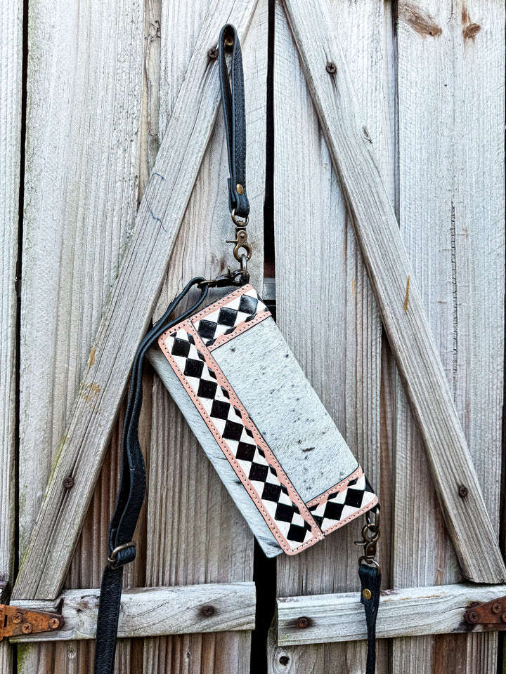 Speed Check Diamond Clutch | Black and White Cowhide Leather Diamond Checkered Convertible Clutch