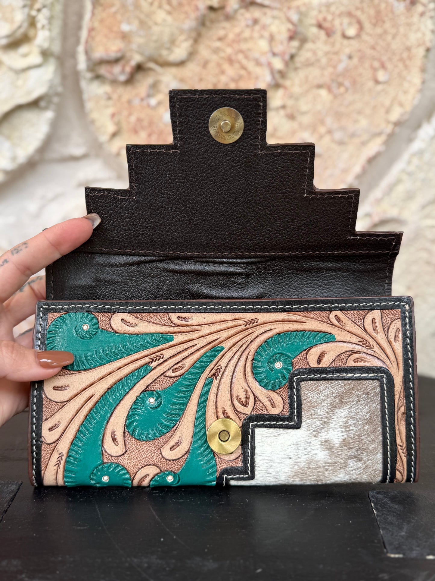 Two Step – Pine Twist : Tooled Leather and Cowhide Wallet