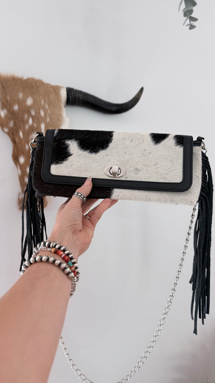 Night Moves | Cowhide Leather Fringe Clutch & Chain Crossbody Purse