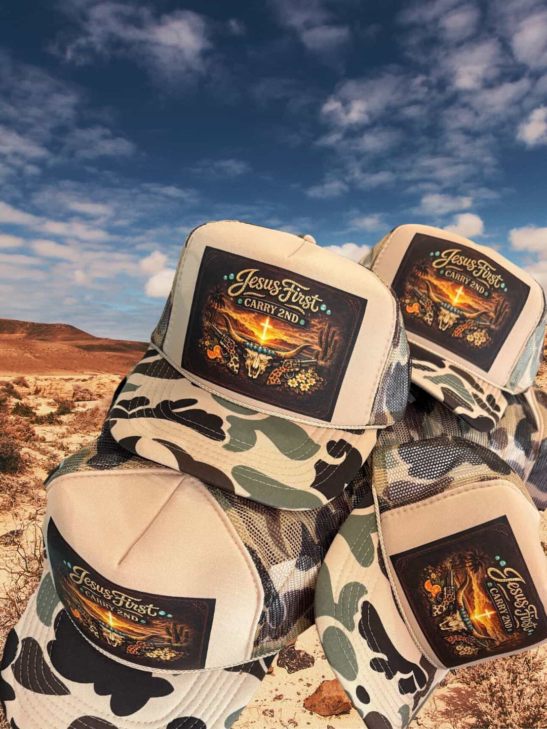 ECC exclusive duck camo trucker hat featuring the “Jesus First, Carry Second” design. Faith, freedom, and 2A inspired. Limited run of 20.