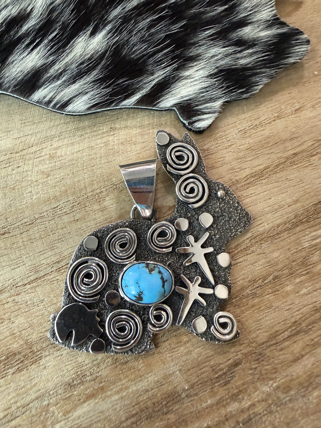 Alex Sanchez Navajo Golden Hills Turquoise Sterling Silver Rabbit Pendant