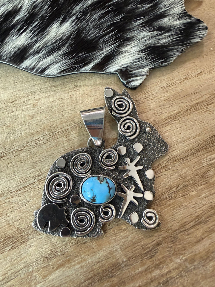 Alex Sanchez Navajo Golden Hills Turquoise Sterling Silver Rabbit Pendant