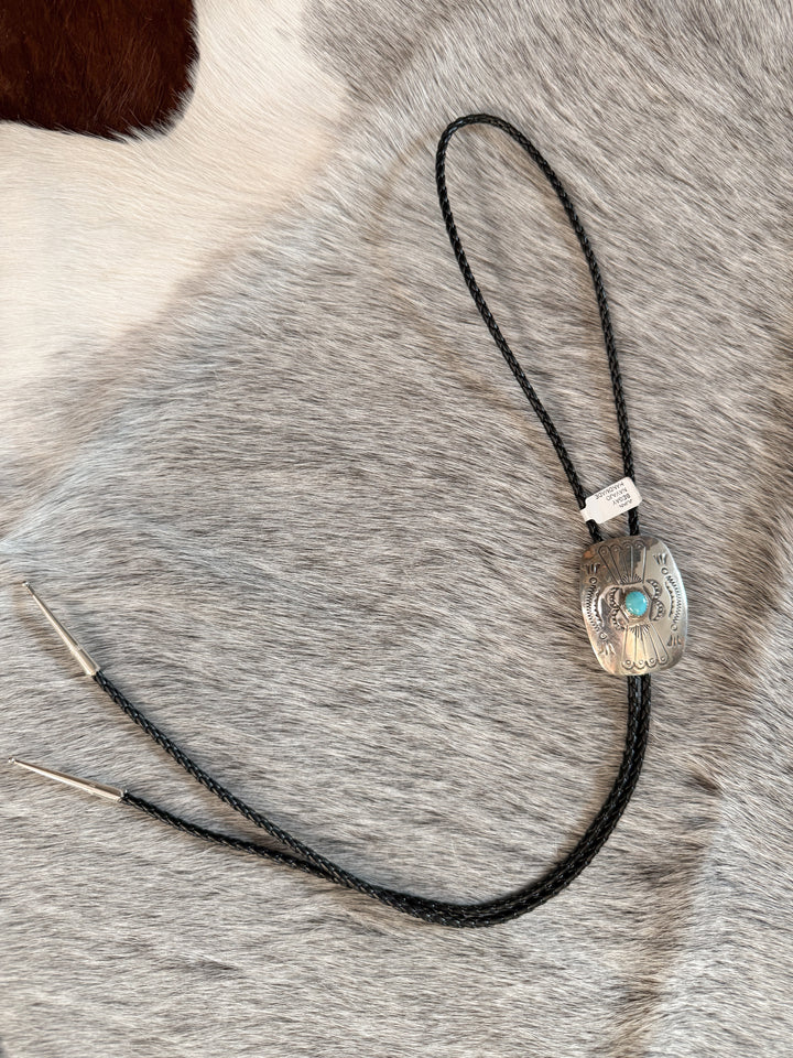 Navajo Sterling Silver Concho Bolo Tie – Kingman Turquoise – Signed Joan Begay