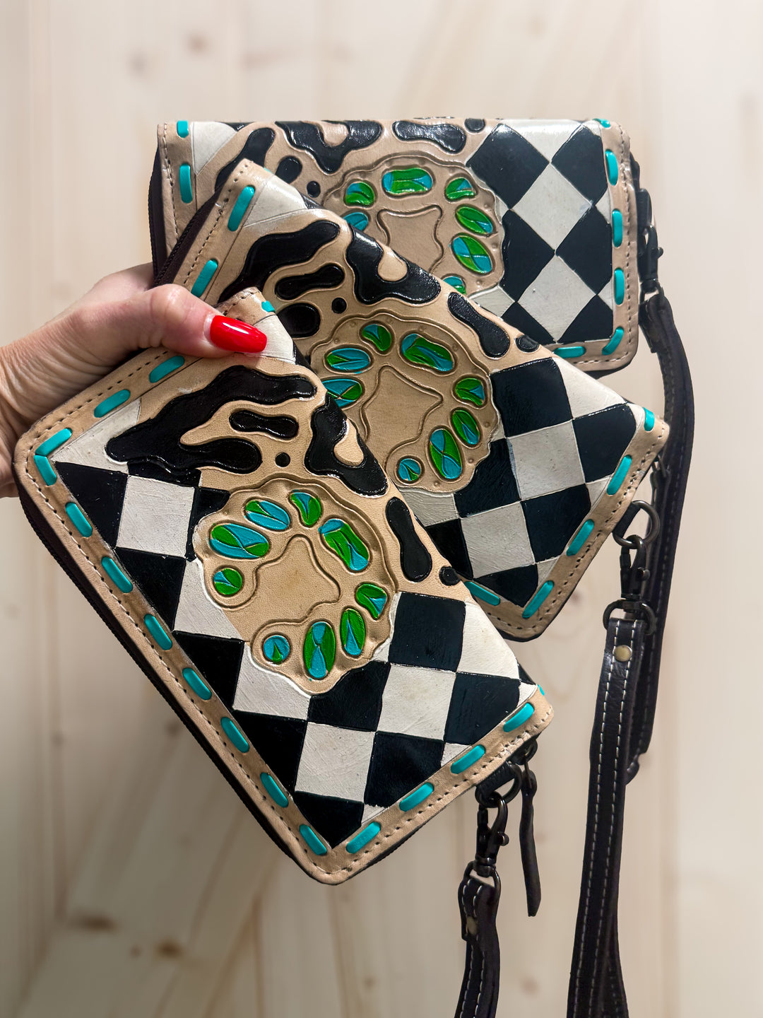 Royston Punch | Hand-Tooled Black & White Checkered Cheetah Turquoise Leather Phone Wallet Wristlet