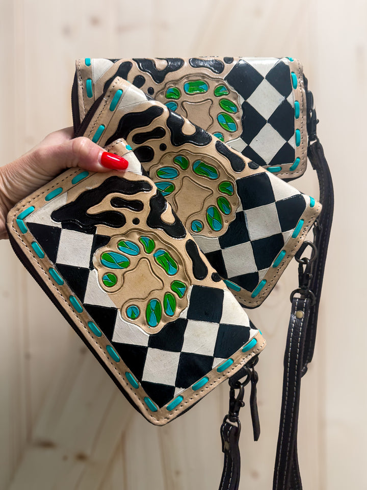 Royston Punch | Hand-Tooled Black & White Checkered Cheetah Turquoise Leather Phone Wallet Wristlet