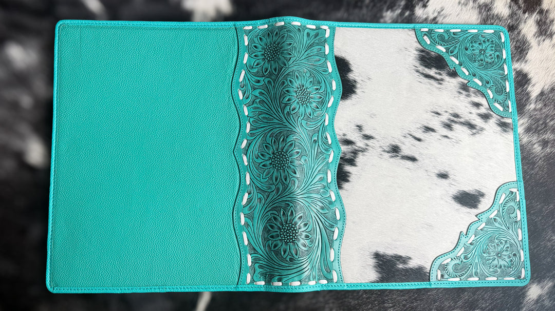 Genuine Leather Cowhide Padfolio | Turquoise Tooled Leather Portfolio Folder | Executive Portfolio Organizer