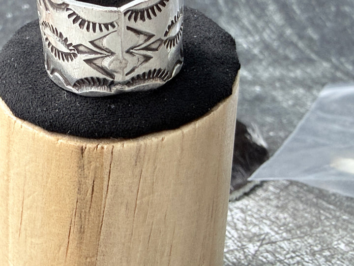 Navajo Handmade Sterling Silver Stamped Cigar Band Ring | Size 7.5 Wide Native American Ring