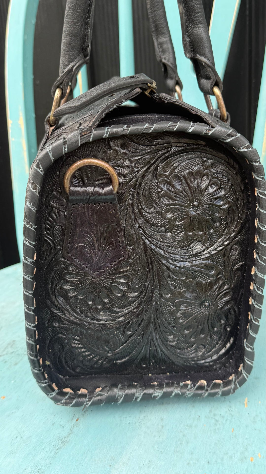 The Sonoran Heirloom Speedy Satchel | Tooled Leather Black Convertible Handbag