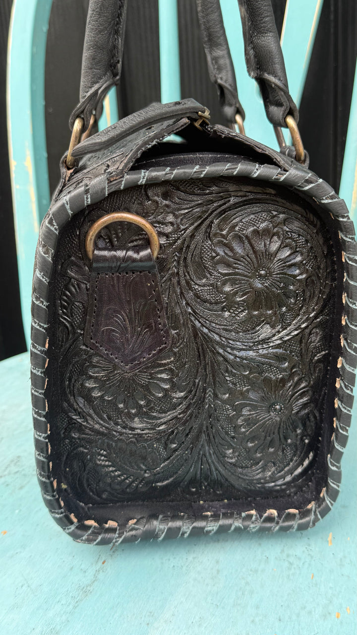 The Sonoran Heirloom Speedy Satchel | Tooled Leather Black Convertible Handbag
