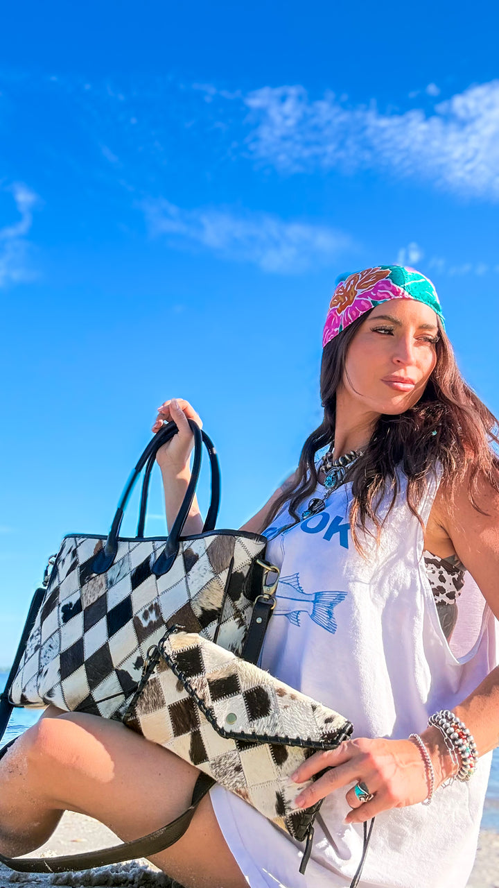 Check Her Out Tote | Genuine Cowhide Patchwork Leather Tote