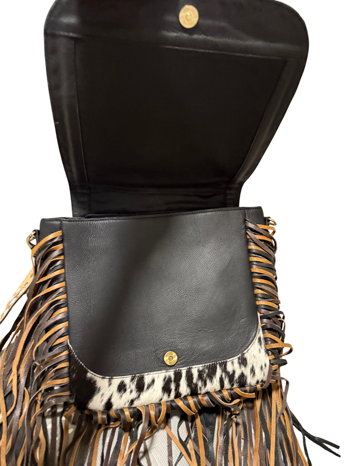The Renegade | Cowhide Fringe Leather Crossbody Bag with Tooled Strap